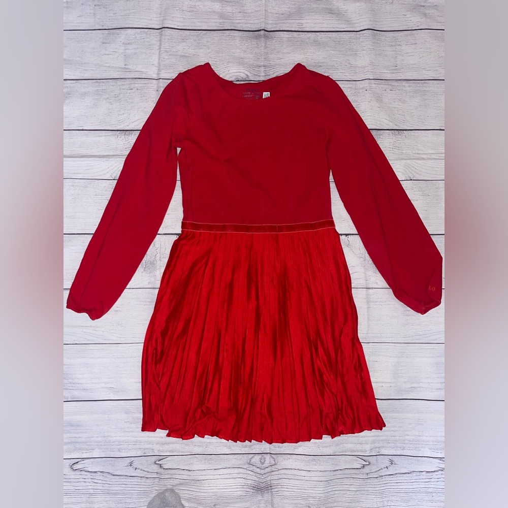 Polo Long Sleeve Pleated Red Kids Dress